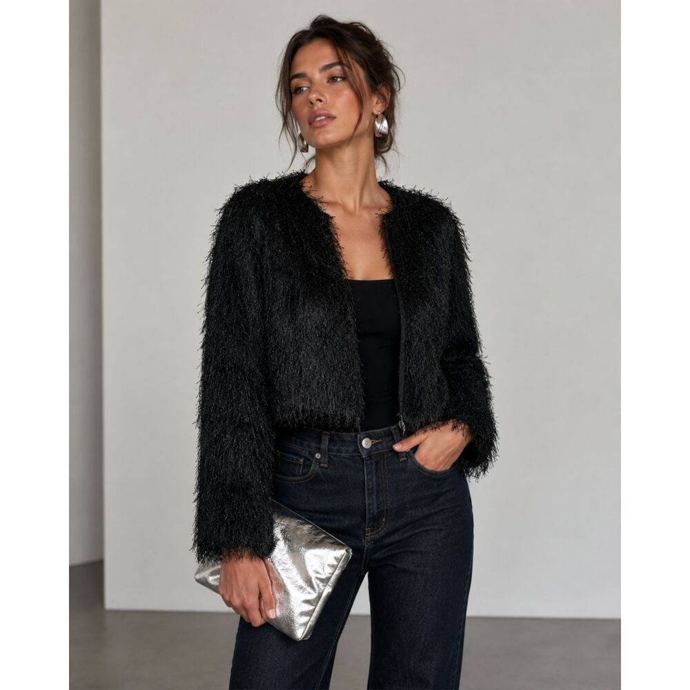 Forever 21 Fringe Textured Shag Cropped Jacket in Black